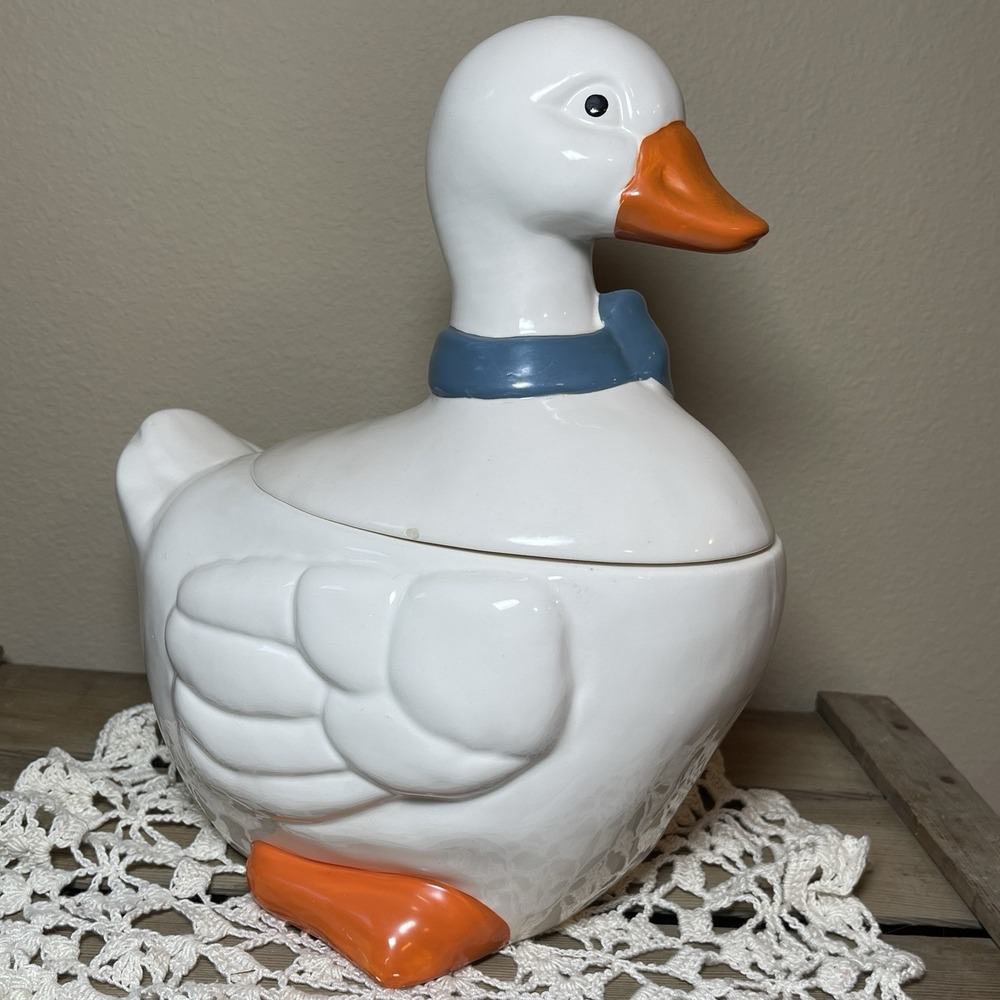 Goose Cookie Jar Ceramic Country Blue Ribbon Cottage Vintage *Parts Repair*